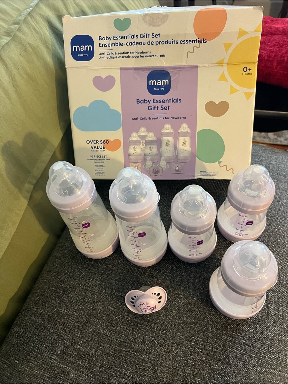 mam Baby Essentials Gift Set Pale Lavender 5 Baby Bottles & 2 nipples 1 Pacifier
